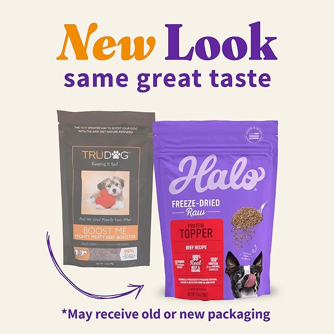 Halo Freeze Dried Raw Dog Food Topper, Beef Recipe, 100% Protein Source, For Natural Energy, Real Meat Topper, 3.5 Oz Pouch