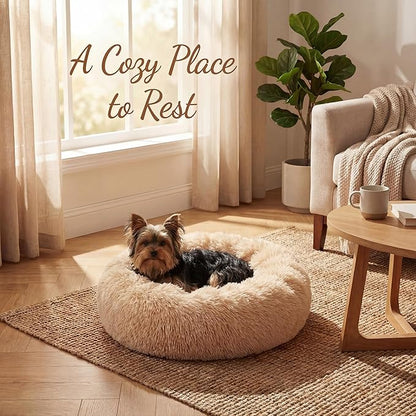 Extra Small Dog Bed 19 Inch,Calming Donut Puppy Bed,Ultra Soft Faux Fur Round Dog Bed for Chihuahua Yorkie Maltese Pomeranian,Light Brown