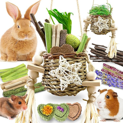 26Pcs Bunny Toys Basket for Small Pets, with 14Pcs Replacement Rabbit Toys for Bunnies Boredom Set Hanging Rodent Dental Toy with Papaya Stems Sweet Bamboo Hamsters, Chinchillas, Guinea Pigs