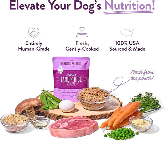 Portland Pet Food Company Fresh Dog Food Pouches - Human-Grade Toppers Wet Pet Meal & Mixers - Gluten-Free Limited Ingredient Winnie's Lamb N' Rice - Large & Small Breed Puppy & Senior Dogs - 8 Pack