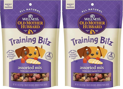 Old Mother Hubbard Wellness Training Bitz Assorted Mix Dog Biscuits,Natural,Training Treats,Three Flavors,Small Size,(8 Ounce Bag),(Pack of 2)
