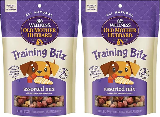 Old Mother Hubbard Wellness Training Bitz Assorted Mix Dog Biscuits,Natural,Training Treats,Three Flavors,Small Size,(8 Ounce Bag),(Pack of 2)