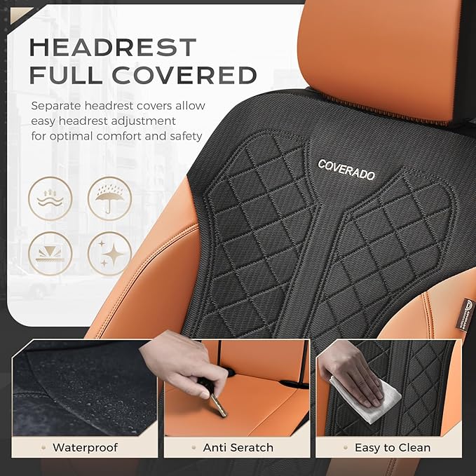 Coverado Seat Covers Full Set, Brown Car Seat Covers, PU Leather & Breathable Mesh Seat Protectors, 5-Piece Automotive Seat Covers, Universal Fit for SUVs, Trucks, Sedans