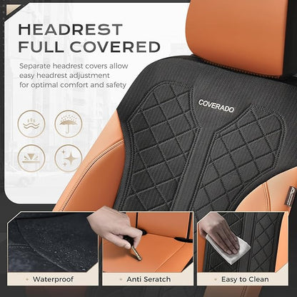 Coverado Seat Covers Full Set, Brown Car Seat Covers, PU Leather & Breathable Mesh Seat Protectors, 5-Piece Automotive Seat Covers, Universal Fit for SUVs, Trucks, Sedans