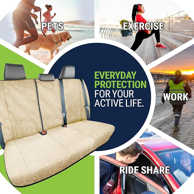 Season Guard Back Seat Towel Seat Cover for Cars; Great for After Gym Workouts, Dogs, and Outdoor Activities; Universal Fit for Cars SUVs Vans Trucks Rear Seats, EZ fit, Non Slip Grip, Tan