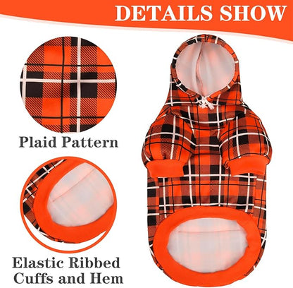 EXPAWLORER Plaid Dog Hoodie - British Style Warm Dog Sweater Shirt with Leash Hole,Pitbull Clothes Outfits,Winter Coat Apparel for All Breeds Puppy Girl Boy-Cat Apparel,Orange Large