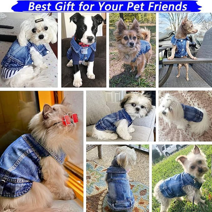 Dog Jean Jacket, Blue Denim Shirt Classic Lapel Vest Coat Costume Puppy T-Shirt, Comfort Tank Top Cool Apparel, Washed Pet Clothes for Dogs Boy Girl (Blue, Large)