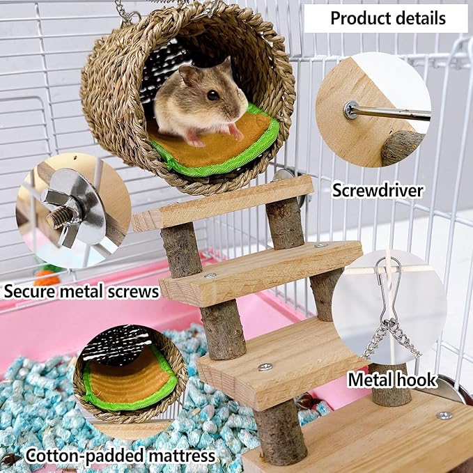 Hamiledyi Hamster Climbing Ladder Wood Stair and Hanging Hammock Set Wooden Molar Toys Cage Accessories for Syrian Hamster Gerbil Mice