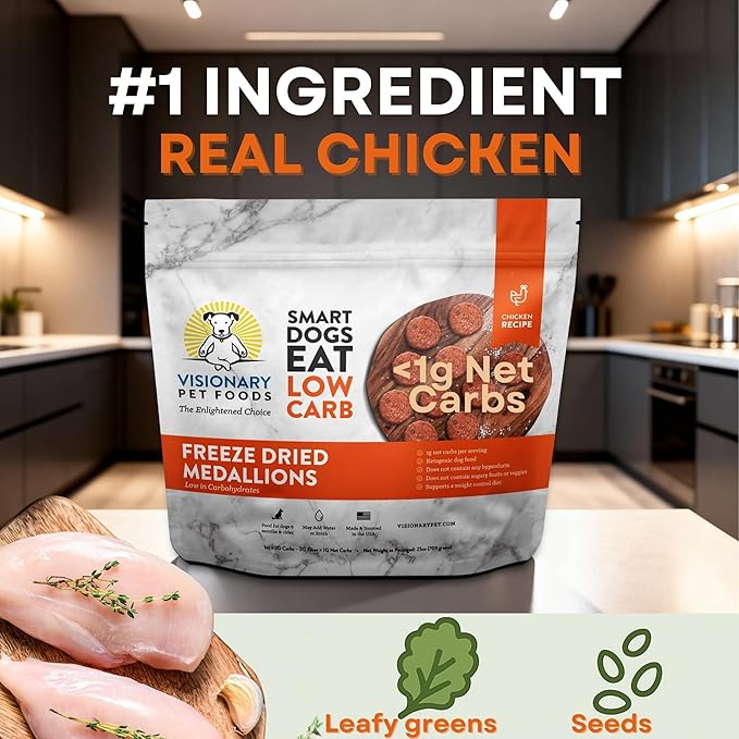 Visionary Pet Foods Freeze Dried Raw Dog Food, Topper & Meal Mixer – Real Chicken | KetoPet Research Formula | Less Than 1g Net Carbs | Ketogenic | Grain Free High Protein | Made in USA | 25oz