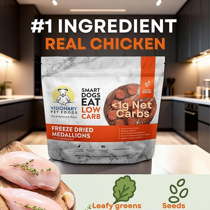Visionary Pet Foods Freeze Dried Raw Dog Food, Topper & Meal Mixer – Real Chicken | KetoPet Research Formula | Less Than 1g Net Carbs | Ketogenic | Grain Free High Protein | Made in USA | 25oz
