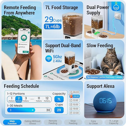 Frienhund Automatic Cat Feeder 2 Cats with Slow Feed: Dual Automatic Dog Feeder with 5G WiFi, Cat Food Dispenser with APP Control for Multiple Pets, Detachable for Easy Clean, Double Pet Bowl - 29 Cup