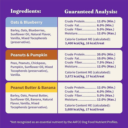 Halo Holistic Vegan Dog Treats Variety Pack, Plant-Based Three Bag Treat Pack with Oats & Blueberries, Peanut Butter & Banana, Peanuts & Pumpkin, 8 Oz Bag(Pack of 3)