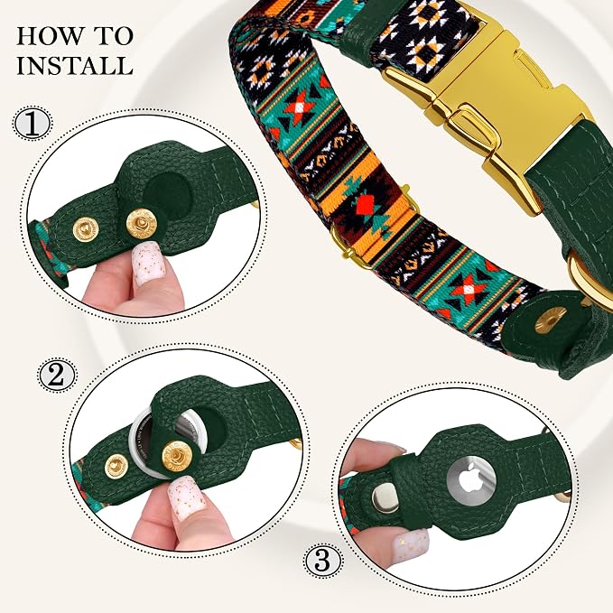AirTag Dog Collar for Small Medium Large Breed - Adjustable Cute Pattern Dog Collar with Airtag Holder - Soft Leather Tracker GPS Apple Air Tag Pet Collars (X-Small, 9"-12" Neck Fit, Tribal)