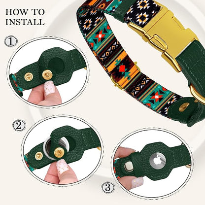 AirTag Dog Collar for Small Medium Large Breed - Adjustable Cute Pattern Dog Collar with Airtag Holder - Soft Leather Tracker GPS Apple Air Tag Pet Collars (Medium, 14"-18" Neck Fit, Tribal)