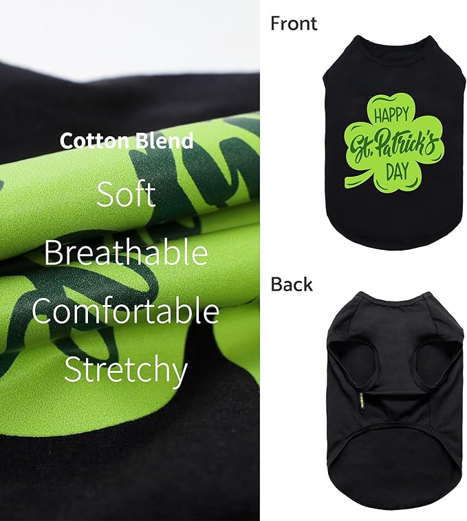 Fitwarm Happy St Patricks Day Dog Clothes, Summer Dog Clothes for Small Dogs Boy Girl, Funny Dog Tshirt, Lightweight Breathable Cotton, Pet Cat Outfit, Black, Green, Medium
