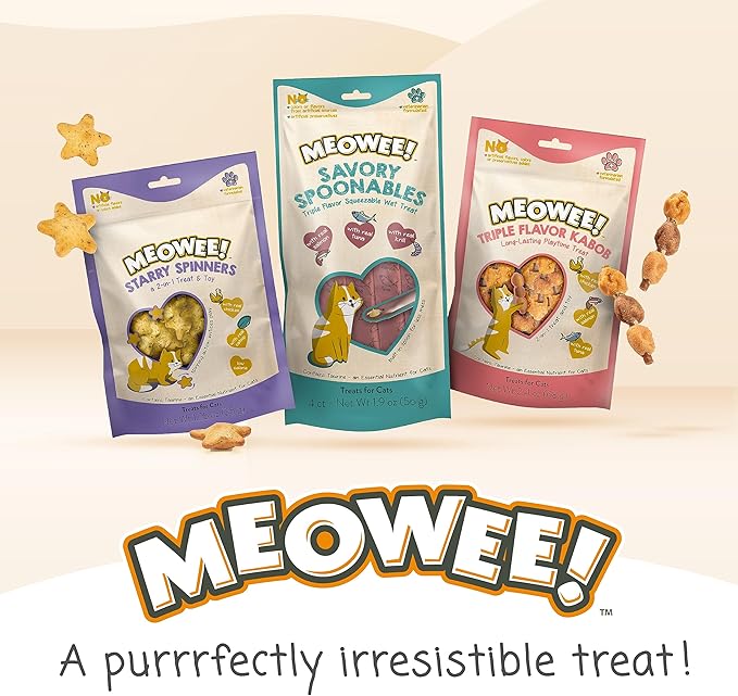 MEOWEE! Savory Spoonables with Real Salmon, Tuna and Krill for Cats, 4 Count, Treat Your Cat to Triple Flavor Squeezable Lickable Wet Treats with Built-in Spoon for Less Mess (Pack of 2)