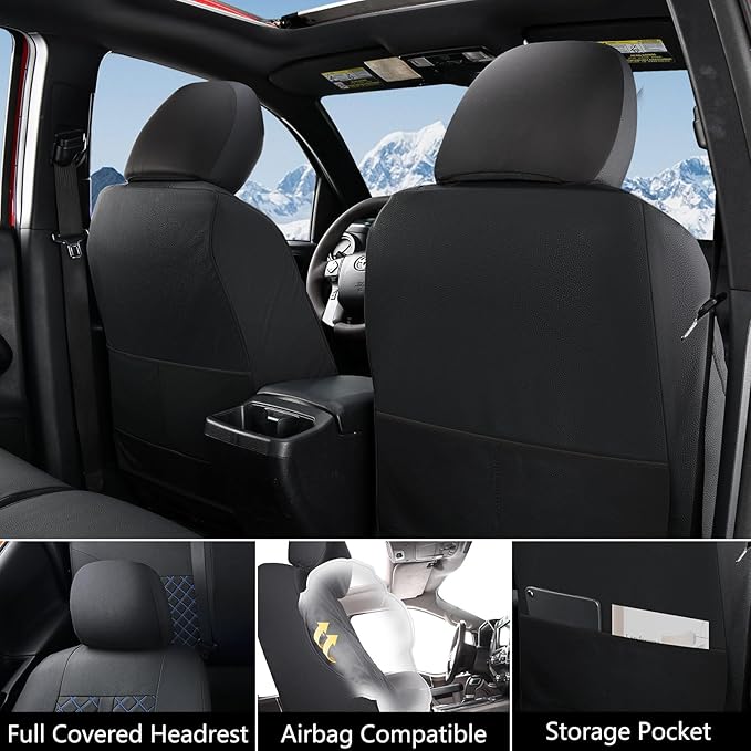 Truckiipa Custom Fit for Toyota Tacoma Seat Covers Front Leather Waterproof Car Seat Covers Fit for 2016-2023 Toyota Tacoma Double Crew Cab, Front Pair, Black&Blue