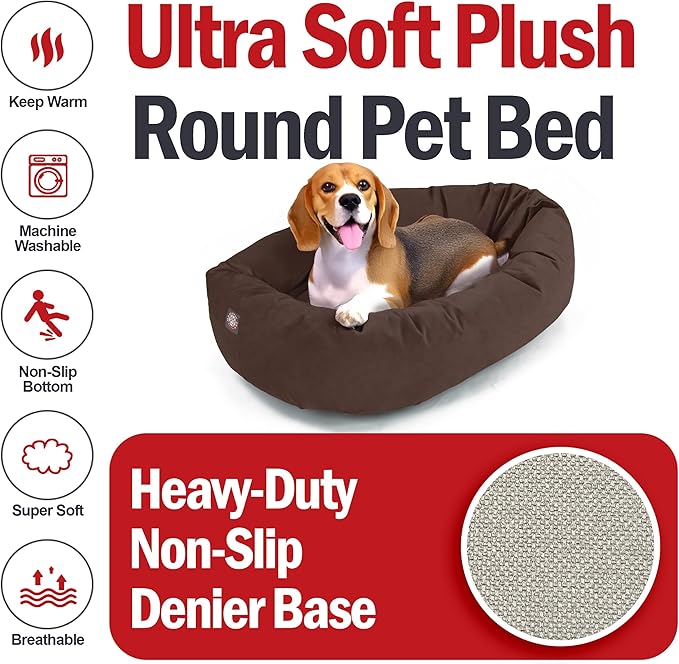 Majestic Pet 32 Inch Suede Calming Dog Bed Washable – Cozy Soft Round Dog Bed w/Spine Support for Dogs to Rest Head - Fluffy Donut Dog Bed 32x23x7 (Inch) - Round Pet Bed Medium – Chocolate (2025)