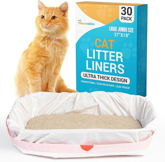 Houseables Cat Litter Bags, Cat Box Liners, Litter Box Liners, Litterbox Bags, 37" x 18" 30 Pack, For Kitty Pan, Jumbo, Large, Heavy Duty, Poop Holder, Waste, Disposable, Unscented, w/Drawstring