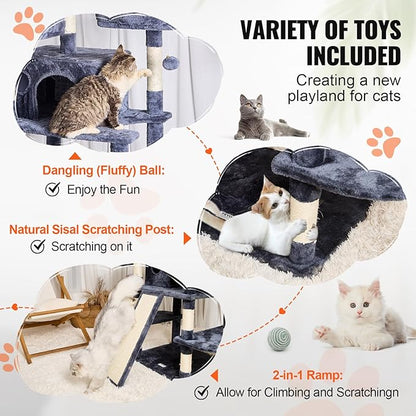 VEVOR Cat Tree for Indoor Cats, 68.5" Cat Tower with 2 Cat Condos, Sisal Scratching Post, Hammocks, Top Perches, Jumping Platforms and Ramp, Cat Furniture Activity Center with Hang Balls, Dark Grey