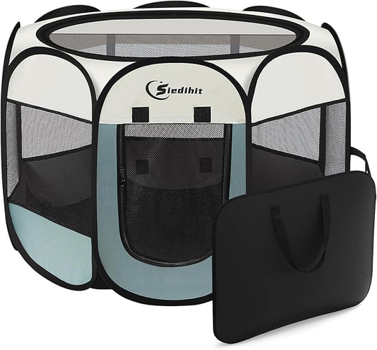 Siedihit Dog Playpen, Puppy Pet Playpen, Medium Dogs Tent Crates Cage Indoor/Outdoor, Portable Pop Up Dog Kennel Playpen with Carrying Case for Dogs/Cats/Rabbits, Removable Zipper Top, Grey