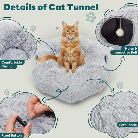 DUMOS Cat Tunnel Bed for Indoor Cats Cave Donut Play Tunnel with Soft Plush Peekaboo, Circle Cushion, Washable Multifunctional Playground Under Tree Pet Toys for Kittens, Puppy Rabbit, Ferret, Grey