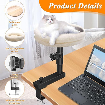 Cat Desk Bed 360° Rotating Cat Bed Desk, Solid Wood Perch, Removable Cushion, Adjustable Clamp for Office & Living Room