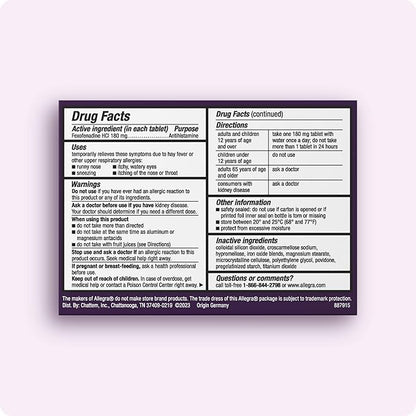 Allegra Adult 24-Hour Allergy Relief Tablets, Non-Drowsy Indoor and Outdoor Allergy Medicine, 180 mg Fexofenadine HCI Antihistamine Pill, 90 Count Plus 1 Count Travel Pack