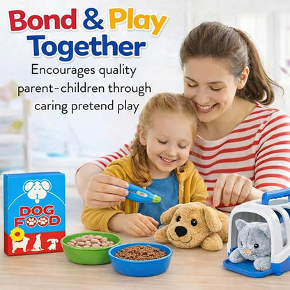 34-Piece Kids Pretend Vet Playset, Veterinarian Role Play Doctor Toy Kit with Plush Dog & Cat, Pet Care Grooming Set with Carrier & Medical Tools