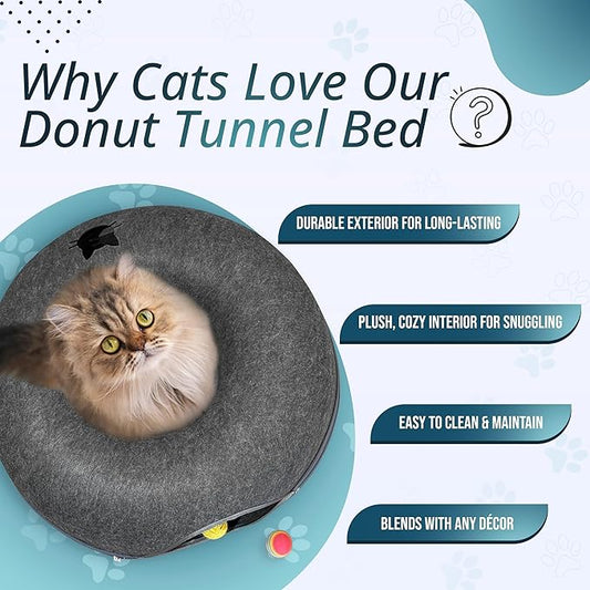 MEOWMATES Peekaboo Cat Tunnel Bed with Hanging Ball Toy – Large Cat Tunnels for Indoor Cats up to 30lbs – Round Cat's cave Bed with Scratch-Resistant, Easy to Wash & Cozy Design (24x24x11)