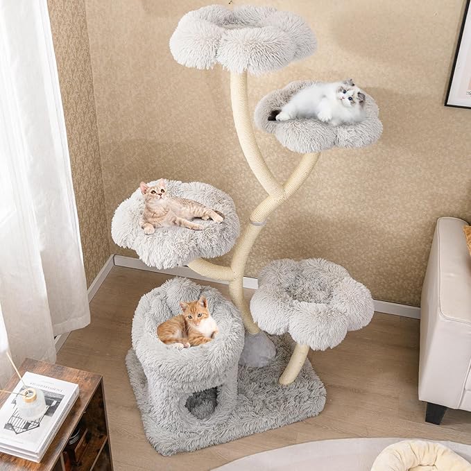 PETSITE 65 Inch Tall Cat Tree, Multi-Level Modern Cat Tree Tower with Sisal Scratching Posts, Cat Condo, Soft Long Plush Covered Platforms, Ideal for Indoor Cats Large Adult (Grey)