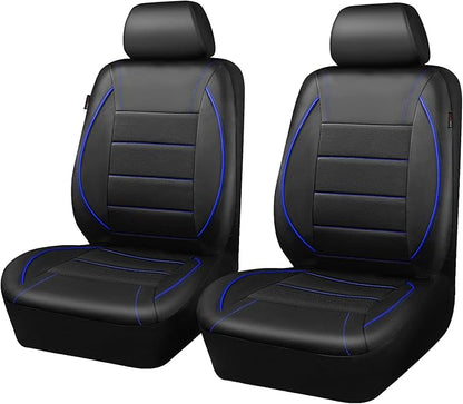 CAR PASS Universal FIT Piping Leather Two Front Seat Covers, Waterproof Faux Leather for SUV Sedan Van Truck, Airbag Compatible,Reserved Opening Holes for Headrest Covers. (Black and Blue)