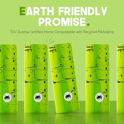 Certified Home Compostable Cat Litter Bags For Poop - 10% to Charity - Cornstarch-Based - For Cleaning Up Litter Trays - NF T51-800 Compliant - 90 Extra Large Disposable Bags