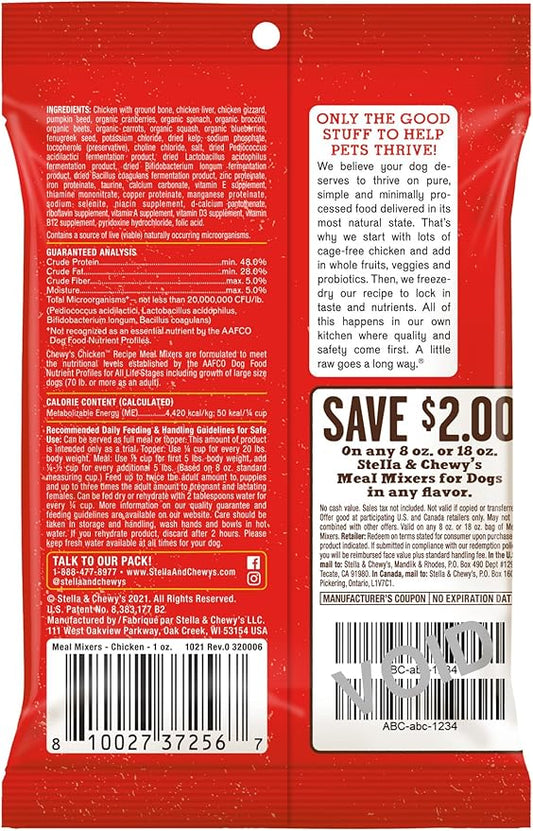 Stella & Chewy's Freeze-Dried Raw Chicken Meal Mixers- Dog Food Topper and Mixer - Made with 95% Cage-Free Chicken, Organs & Bone - Perfect for Picky Eaters - Grain-Free - 1oz