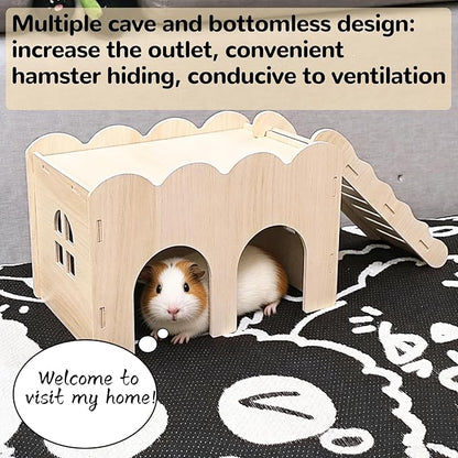 2 PCS Large Wooden Syrian Hamster Hideout Multi-Chamber Tunnel Set Hamster House Hiding Maze Platform Stuff Exploring Toy Cage Accessories for Guinea Pig Rat Mice Hedgehog Squirrel Chinchilla