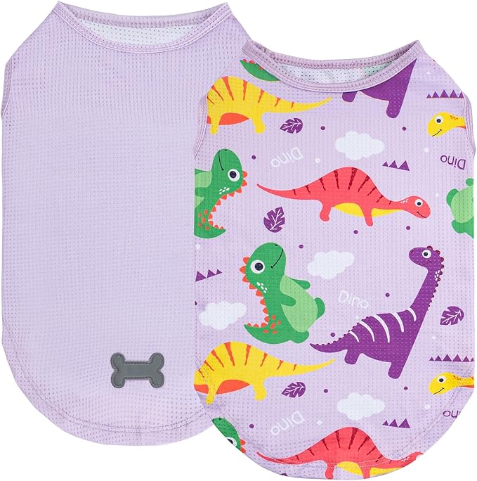KYEESE 2Pack Dog Shirt, Lightweight Sun Protection Dog T Shirts for Small Dogs Boy Girl, Breathable Mesh Tank Top Sleeveless Puppy Reflective Vest, Soft Summer Dogs Clothes, Dinosaur+Purple, S