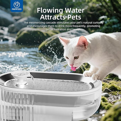 PAPIFEED Cat Water Fountain Stainless Steel, 84oz/2.5L Automatic Cat Water Fountain with Visible Water Level, Ultra Quiet Low Power Cat Water Bowl & Cat Water Dispenser (White)