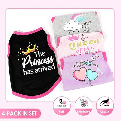 4 Pack Dog Shirts for Small Dogs Spring Summer Printed Puppy Clothes Cute Pet T Shirts Dog Clothes for Small Dogs Cats Girl (Grey+Pink+Purple,Black, XXS)