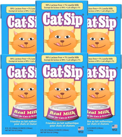 Pet-Ag Cat-Sip Real Milk Treat - 8 oz, 6 Pack - Ready-to-Feed Snack for Cats & Kittens - Easy to Digest with 99% Lactose-Free, Low-Fat Grade A Milk - Encourages Hydration - Promotes Eye & Heart Health