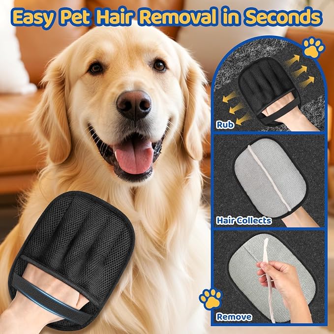Pet Hair Removal Glove for Dogs & Cats, 2 Packs Five-Finger Grip, Black | Reusable Washable Pet Hair Remover Tool, Lightweight Ergonomic Portable Dog Hari Remover for Couch, Carpet, Bed, Cloth