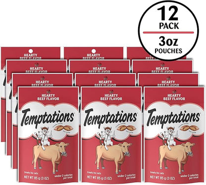 Temptations Classic Soft Cat Treats, Hearty Beef Flavor, Crunchy Cat Treats, 3 oz. Pouch (Pack of 12)