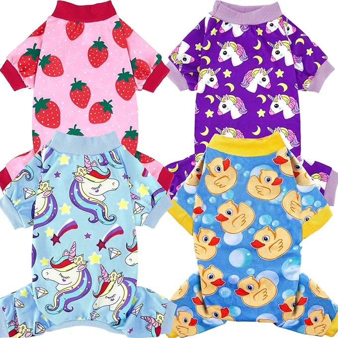 XPUDAC 4 Pack Dog Pajamas for Small Dogs Pjs Clothes Puppy Onesies Outfits for Doggie Duck Shirts Sleeper for Pet-S