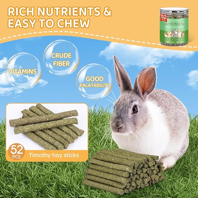 VESPRO 52P Small Animals Play Balls, Rolling Chew Toys & Chew Grass Balls for Bunny,Timothy Hay Sticks for Chinchillas Hamsters Rabbit Guinea Pig Rats and Animals Teeth Care