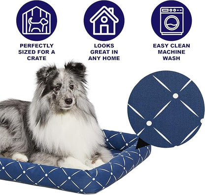 MidWest Homes for Pets 40236-BLD Quiet Time Couture Ashton Bolster Pet Bed, Intermediate Dog/36, Blue, Blue & White Diamond Pattern