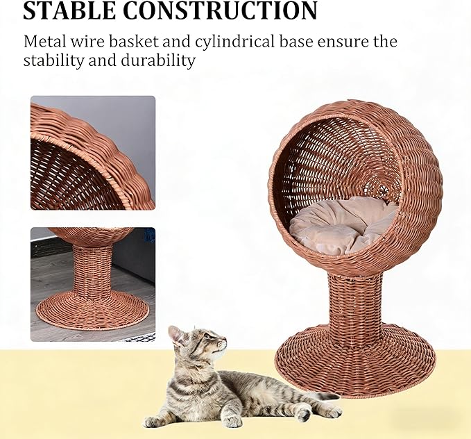 Elevated Cat Basket Bed, Cat Bed with Removable Cushion, Breathable Wicker Pet Bed for Indoor Cats, cat Litter Box Raised Design for Air cat Litter Boxes Circulation, Durable Handw