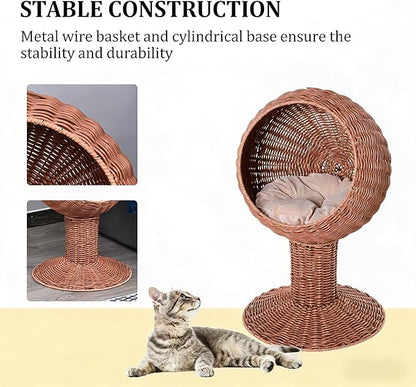 Elevated Cat Basket Bed, Cat Bed with Removable Cushion, Breathable Wicker Pet Bed for Indoor Cats, cat Litter Box Raised Design for Air cat Litter Boxes Circulation, Durable Handw