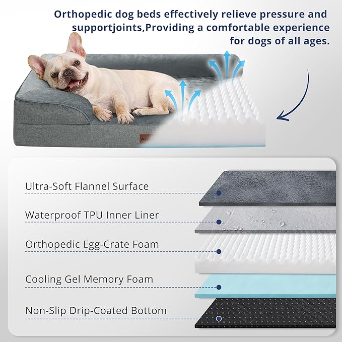 aodisman Orthopedic Dog Beds for Large Sized Dogs, Waterproof Memory Foam Big Size Pet Bed with Sides,Comfort Thick Egg-Crate Foam,Dog Couch Bed,Washable Cover & Non-Slip Bottom,Grey