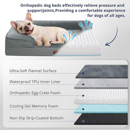 aodisman Orthopedic Dog Beds for Large Sized Dogs, Waterproof Memory Foam Big Size Pet Bed with Sides,Comfort Thick Egg-Crate Foam,Dog Couch Bed,Washable Cover & Non-Slip Bottom,Grey