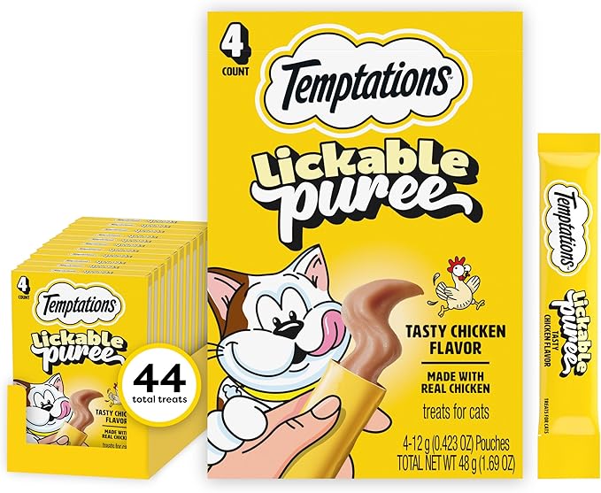 Temptations Creamy Puree Squeezable Lickable Cat Treats, Wet Cat Treats with Chicken, 0.42 oz. Tubes, 4 Count, Pack of 11 (44 Total)