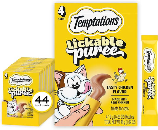 Temptations Creamy Puree Squeezable Lickable Cat Treats, Wet Cat Treats with Chicken, 0.42 oz. Tubes, 4 Count, Pack of 11 (44 Total)